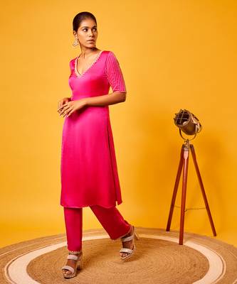 Hot pink mirror-work kurti set 1