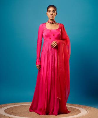 Fuchsia pink mirror-work anarkali set 1