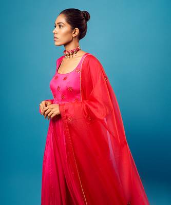 Fuchsia pink mirror-work anarkali set 2