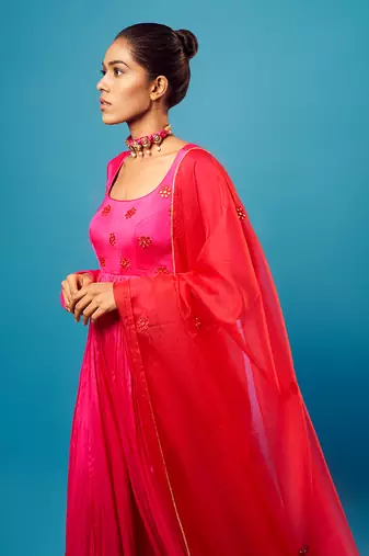 Fuchsia pink mirror-work anarkali set