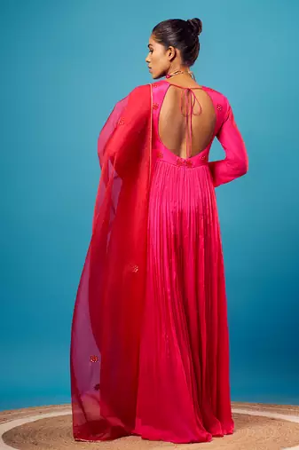 Fuchsia pink mirror-work anarkali set