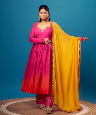 Pink-orange ombre sweetheart anarkali set 1