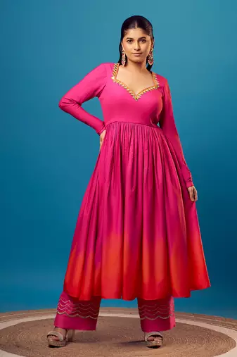 Pink-orange ombre sweetheart anarkali set