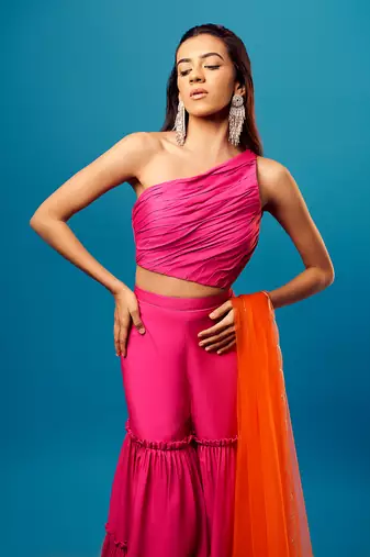 Pink Crepe Embroidered Sharara Set