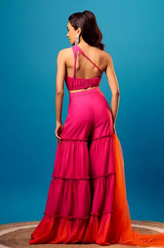 Pink Crepe Embroidered Sharara Set