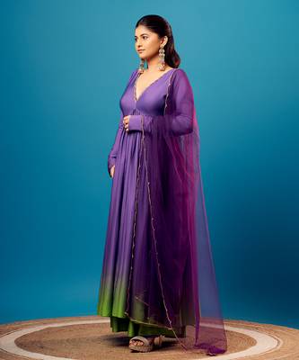 Purple-green ombre scallop anarkali set 1