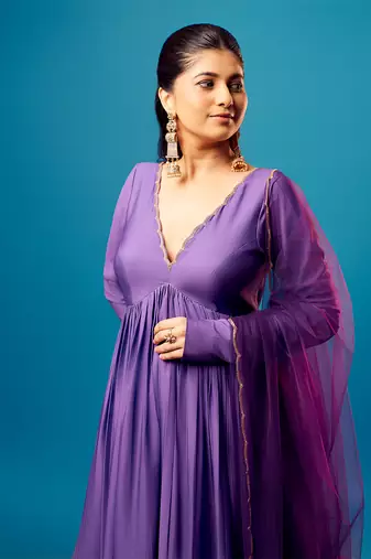 Purple-green ombre scallop anarkali set