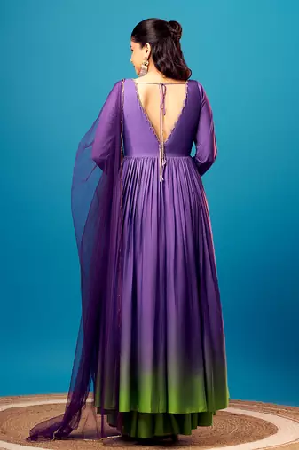 Purple-green ombre scallop anarkali set