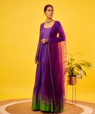 Purple-green ombre tiered anarkali set 1