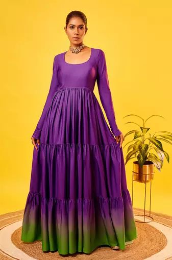 Purple-green ombre tiered anarkali set