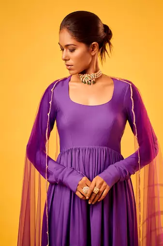 Purple-green ombre tiered anarkali set