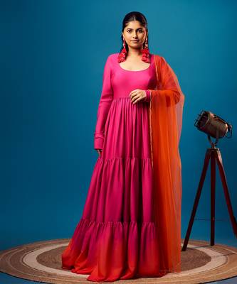 Pink-orange ombre tiered anarkali set 1