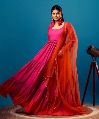 Pink-orange ombre tiered anarkali set 2