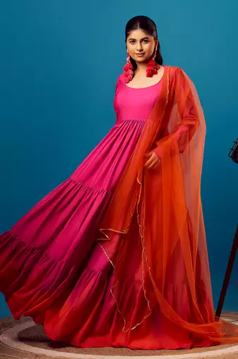 Pink-orange ombre tiered anarkali set
