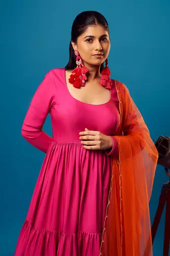 Pink-orange ombre tiered anarkali set