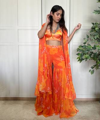 Yellow orange printed bustier with matching sharara and cape 1