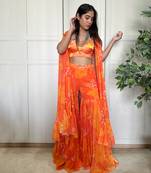 Yellow orange printed bustier with matching sharara and cape