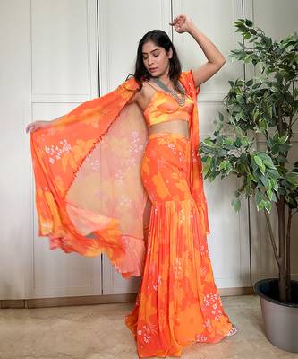Yellow orange printed bustier with matching sharara and cape 2