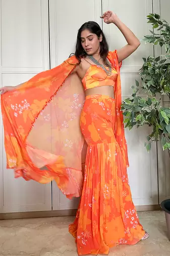 Yellow orange printed bustier with matching sharara and cape