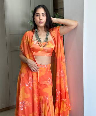 Yellow orange printed bustier with matching sharara and cape 3