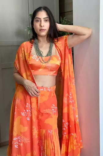 Yellow orange printed bustier with matching sharara and cape