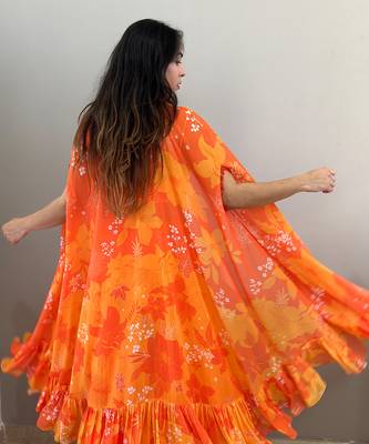 Yellow orange printed bustier with matching sharara and cape 4