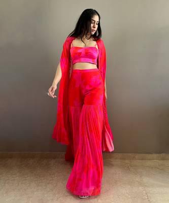Pink red printed bustier with matching sharara and cape 1