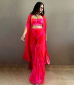 Pink red printed bustier with matching sharara and cape