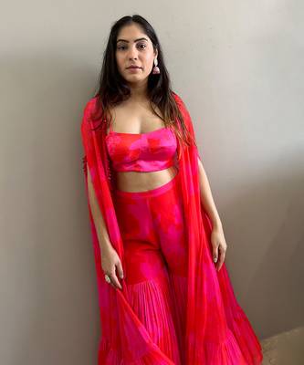 Pink red printed bustier with matching sharara and cape 2