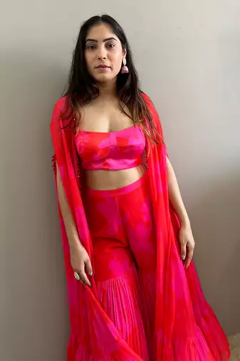 Pink red printed bustier with matching sharara and cape