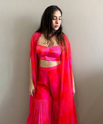 Pink red printed bustier with matching sharara and cape 3