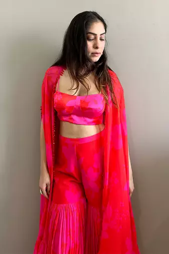 Pink red printed bustier with matching sharara and cape