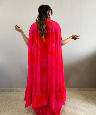 Pink red printed bustier with matching sharara and cape 4