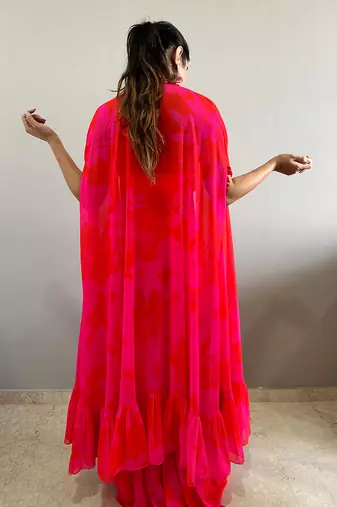 Pink red printed bustier with matching sharara and cape