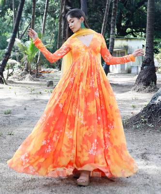 Yellow orange printed scallop embroidered anarkali with matching net scallop embroidered dupatta. 2