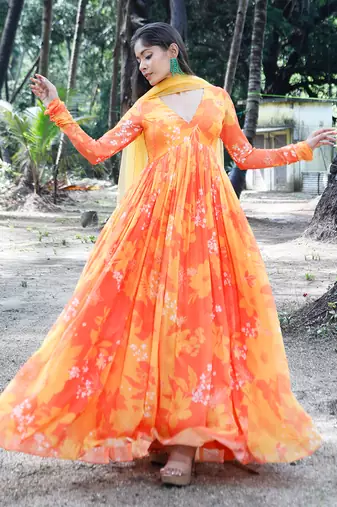 Yellow orange printed scallop embroidered anarkali with matching net scallop embroidered dupatta.