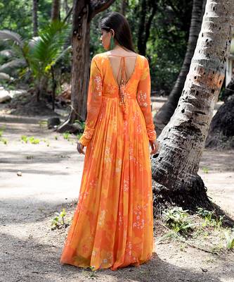 Yellow orange printed scallop embroidered anarkali with matching net scallop embroidered dupatta. 4