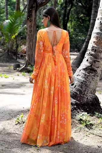 Yellow orange printed scallop embroidered anarkali with matching net scallop embroidered dupatta.
