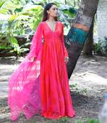 Pink red printed scallop embroidered anarkali with matching net scallop embroidered dupatta.