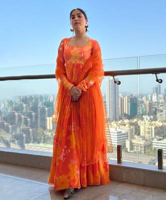 Yellow orange self scallop anarkali with matching net scallop embroidered and sequin chinta on dupatta. 1