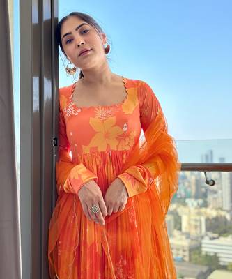 Yellow orange self scallop anarkali with matching net scallop embroidered and sequin chinta on dupatta. 2