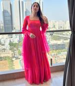 Pink red self scallop anarkali with matching net scallop embroidered and sequin chinta on dupatta.