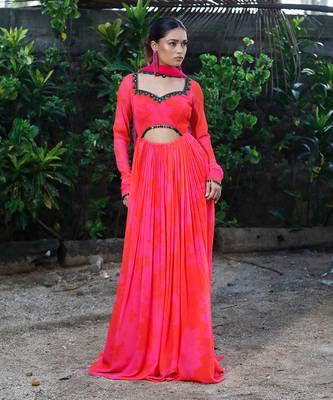 Pink red embroidered anarkali with green work and cut-out on the waist in the front and embroidered net dupatta. 2