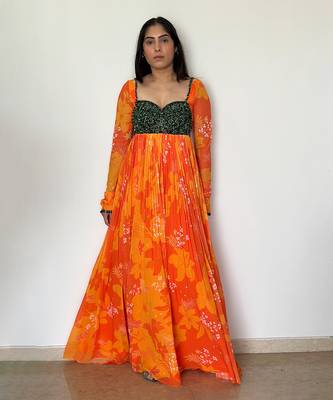 Yellow orange embroidered anarkali with green work and scallop embroidered net dupatta. 2