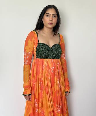 Yellow orange embroidered anarkali with green work and scallop embroidered net dupatta. 3
