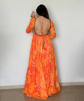 Yellow orange embroidered anarkali with green work and scallop embroidered net dupatta. 4