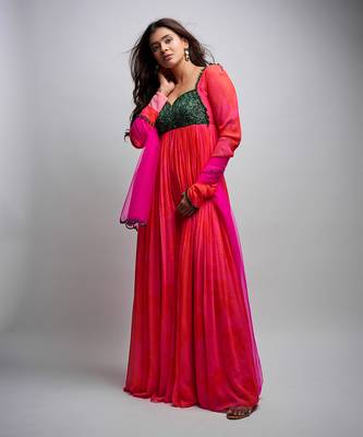Pink red embroidered anarkali with green work and scallop embroidered net dupatta. 1