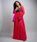 Pink red embroidered anarkali with green work and scallop embroidered net dupatta.