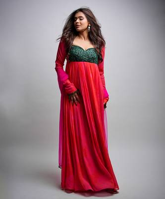 Pink red embroidered anarkali with green work and scallop embroidered net dupatta. 2