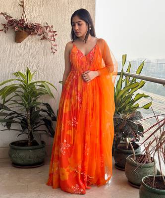 Yellow orange printed strappy ruched anarkali with matching scallop embroidered net dupatta. 1